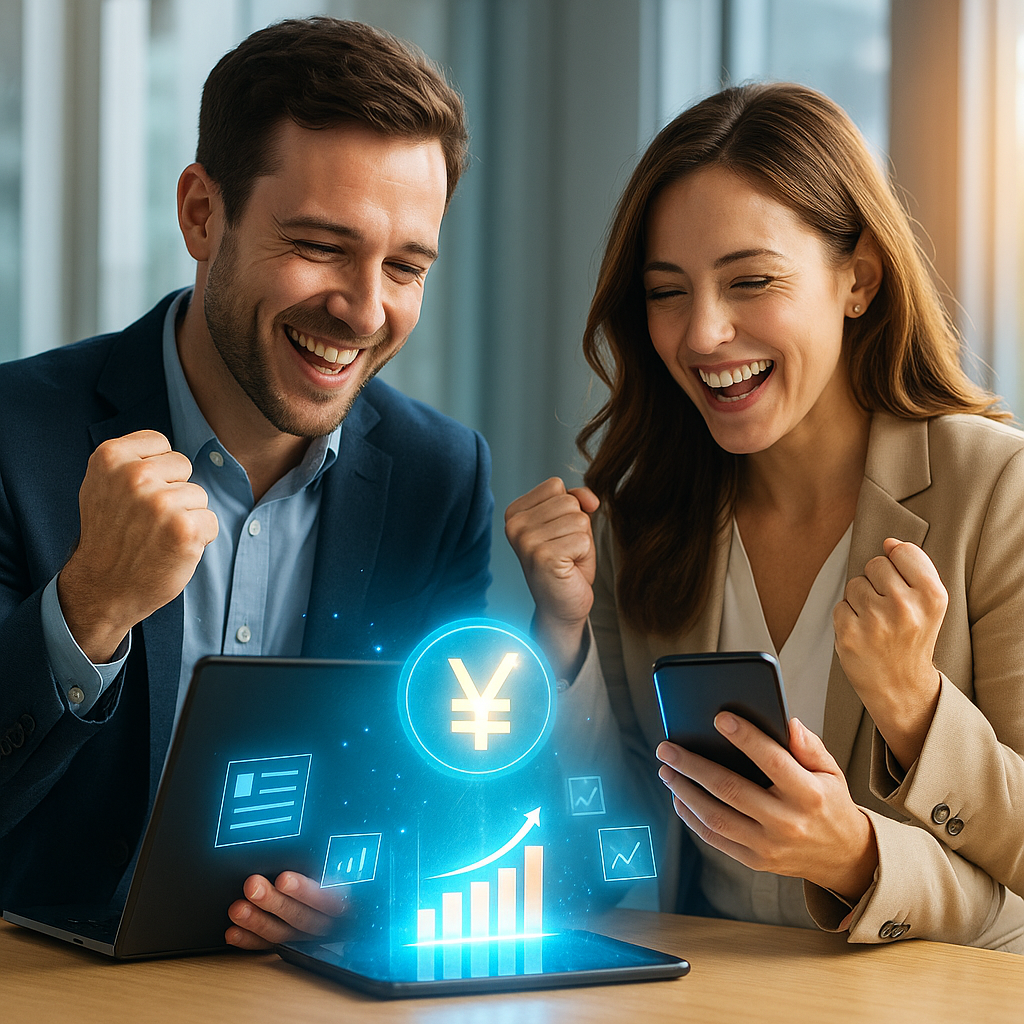 収益が上がり喜ぶ男女のシーン