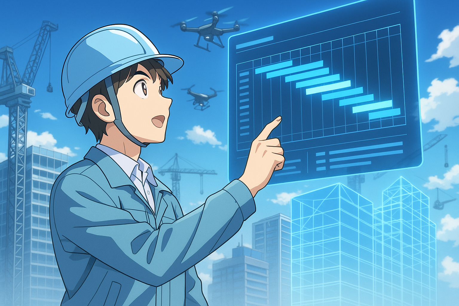 AIが現場データを吸収し工程表を生成するイラスト