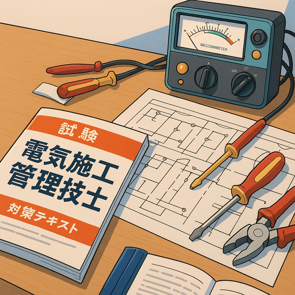 施工図面とメガーが並ぶ勉強机のイラスト