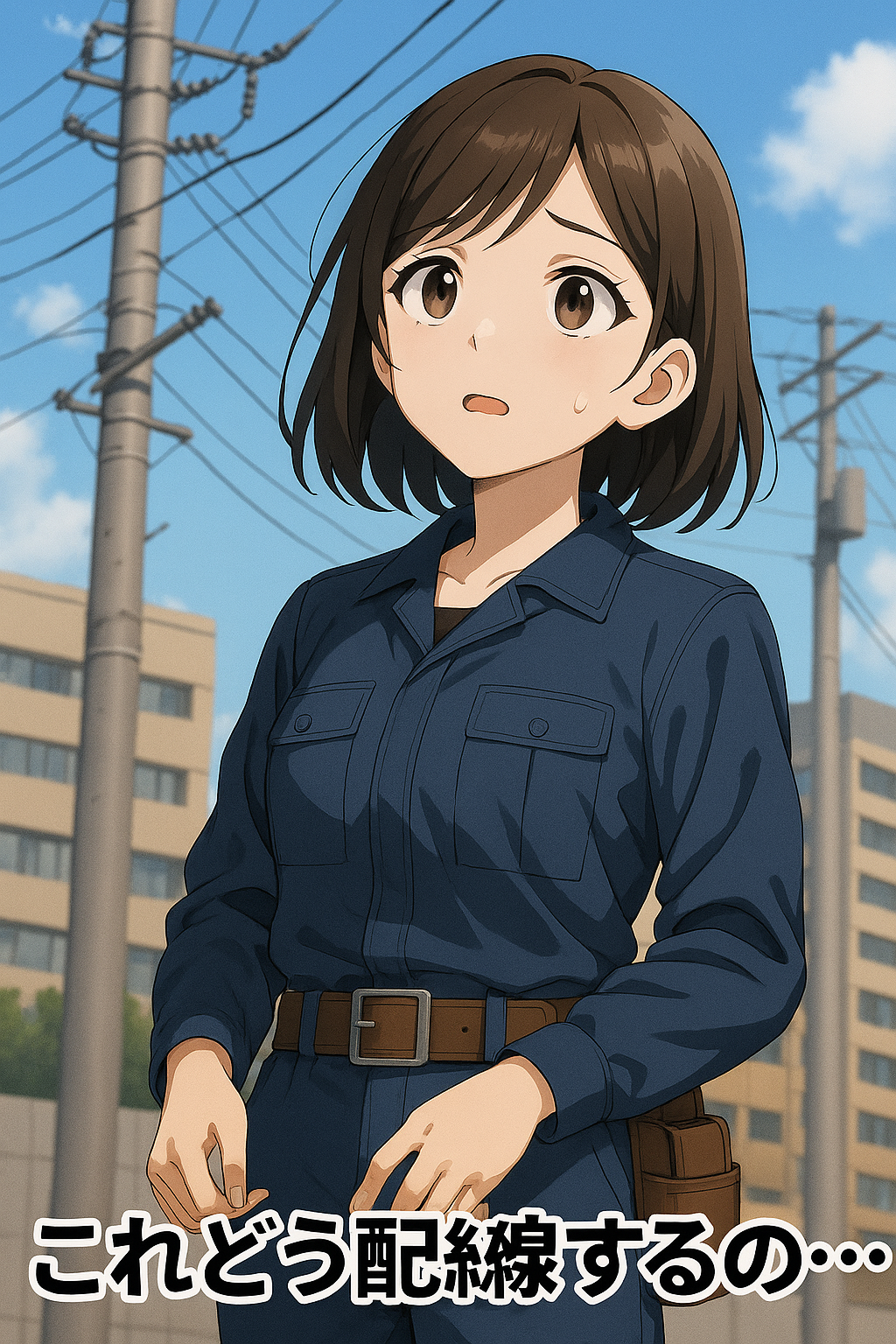 電線を見上げて悩んでいる女性