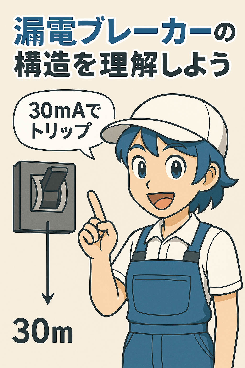 漏電ブレーカーの仕組み図（アニメ風）