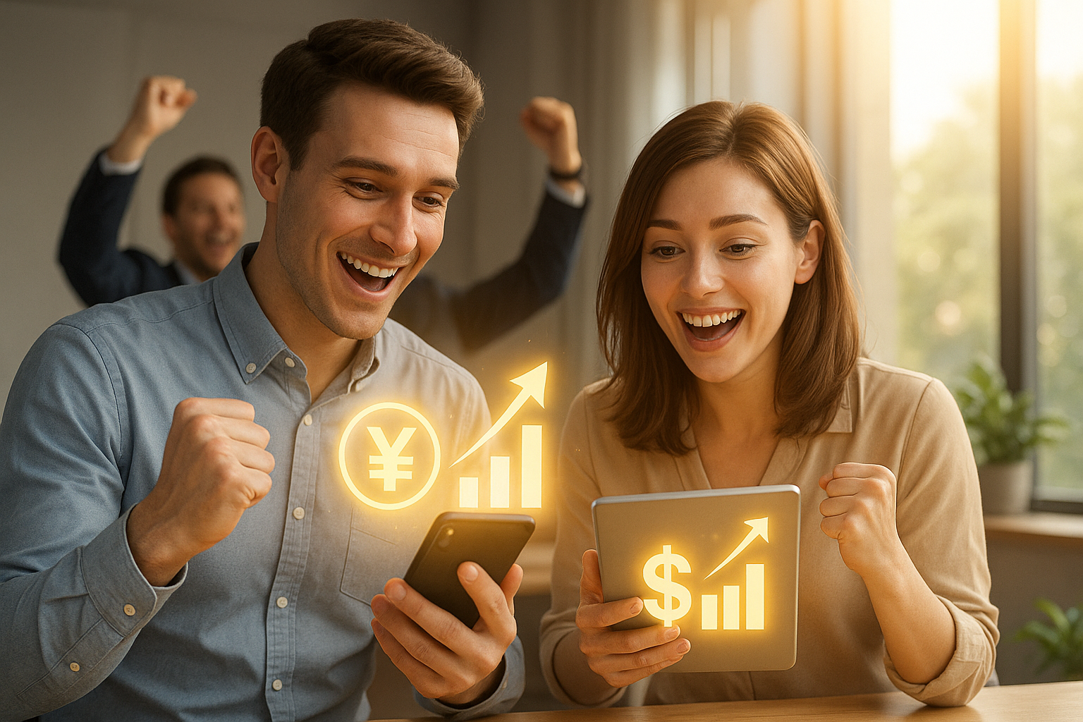 収益が上がって喜ぶチーム