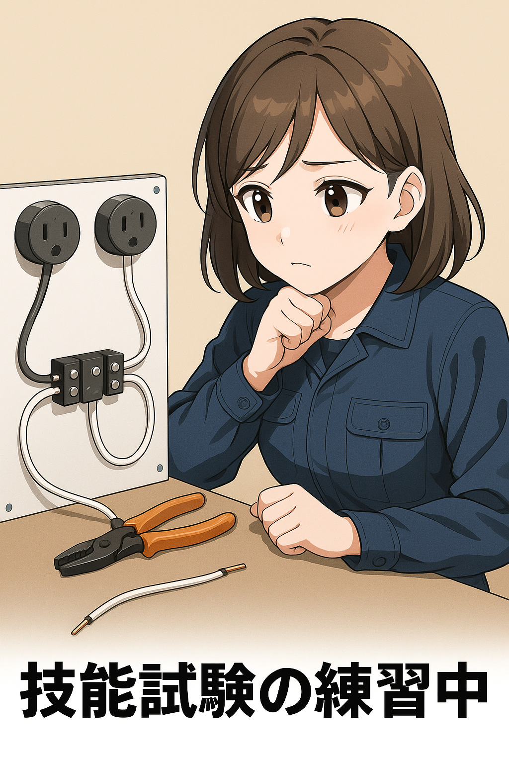 技能試験キットを見つめる女性のイラスト