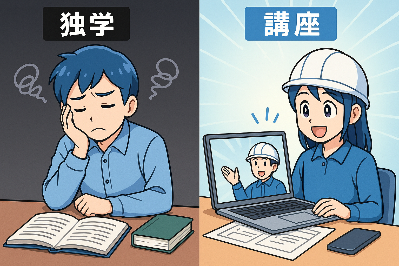 独学vs講座のアニメ風比較イメージ