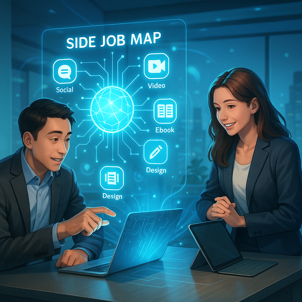 AI副業マップを見ながら相談する男女