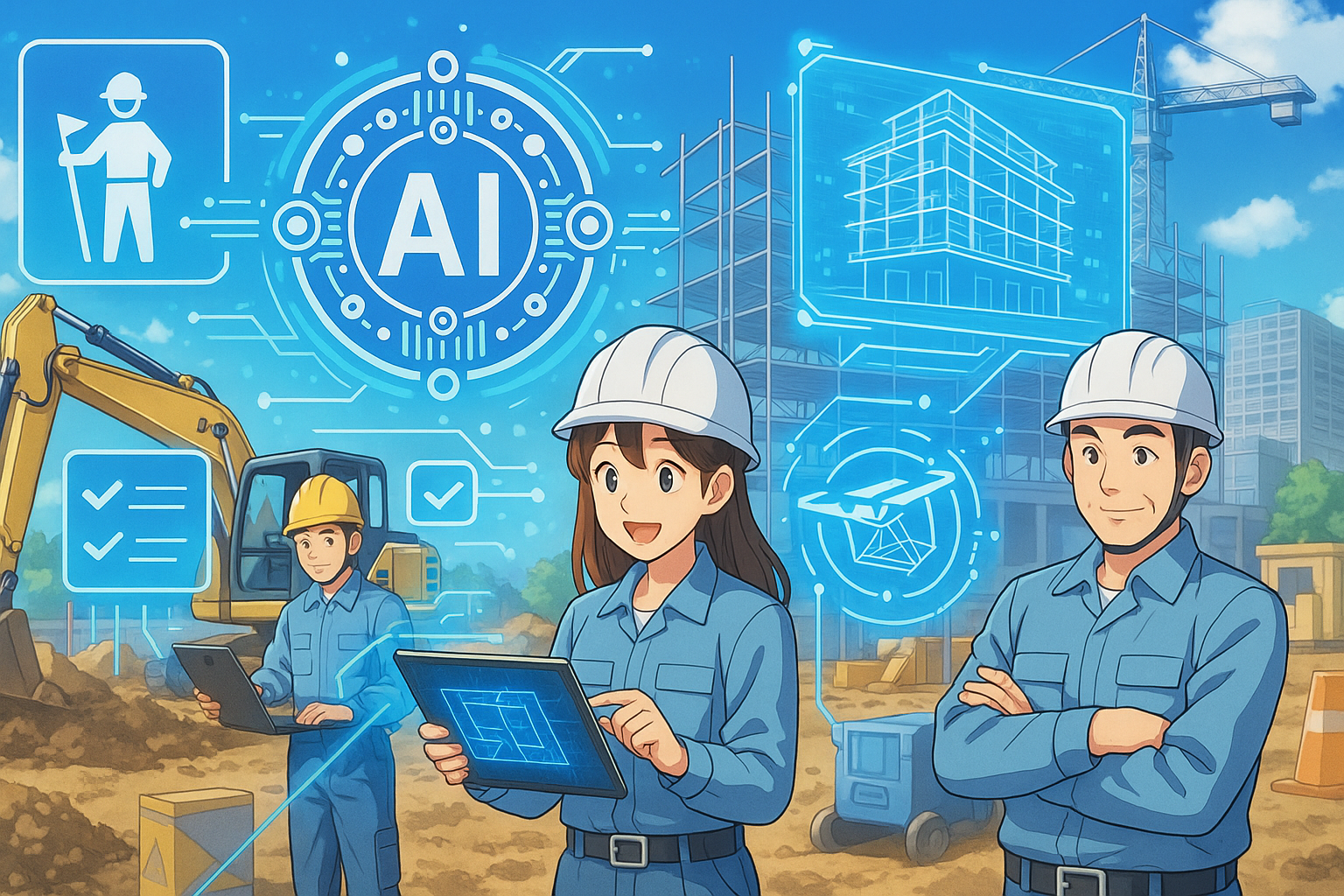 未来の建設現場×AIの省力化イメージ