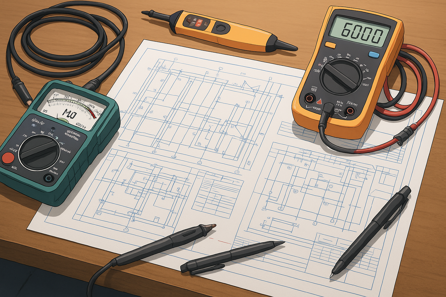 施工図とメガーなどが並ぶアニメ風イメージ
