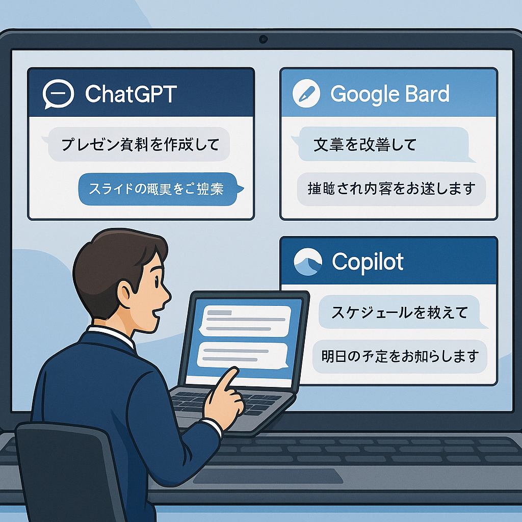 AIに業務指示を出すビジネスマンのイメージ